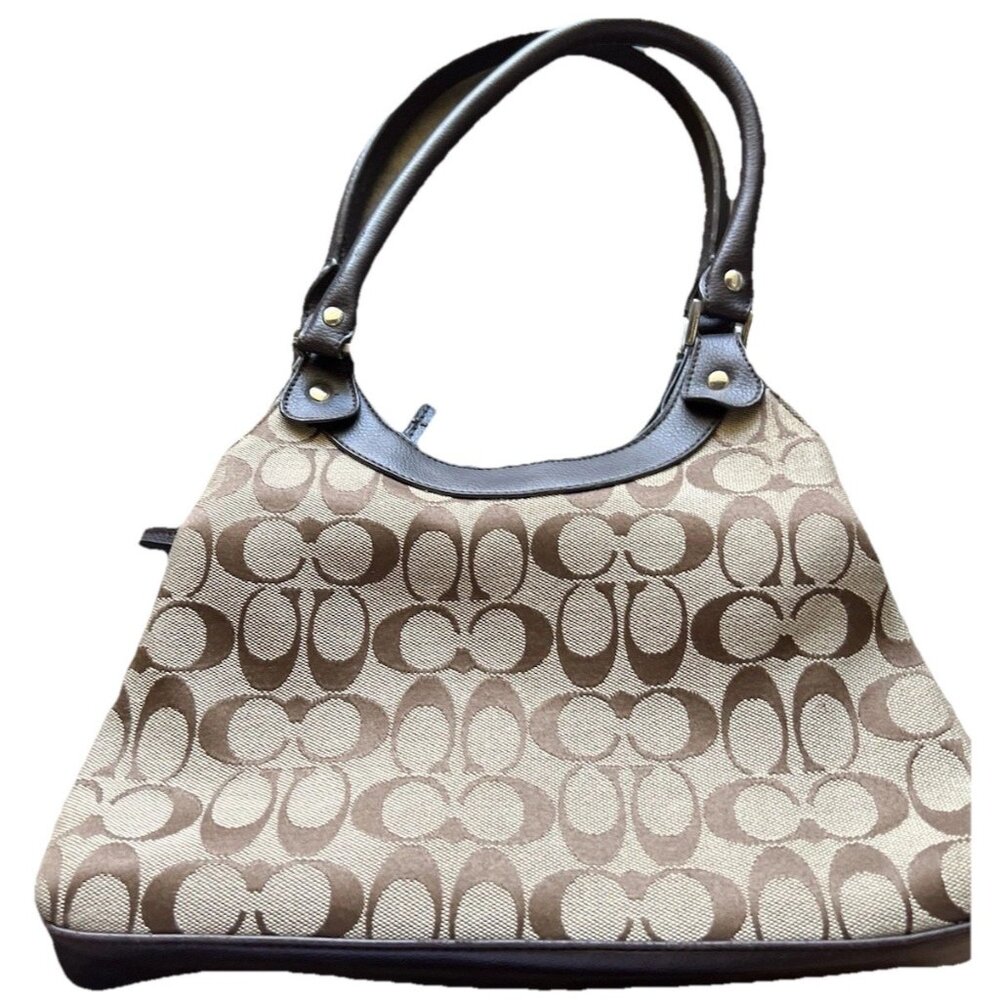 Vintage Coach Signature Brown Cream Classic Jacquard Canvas Leather Tote Bag